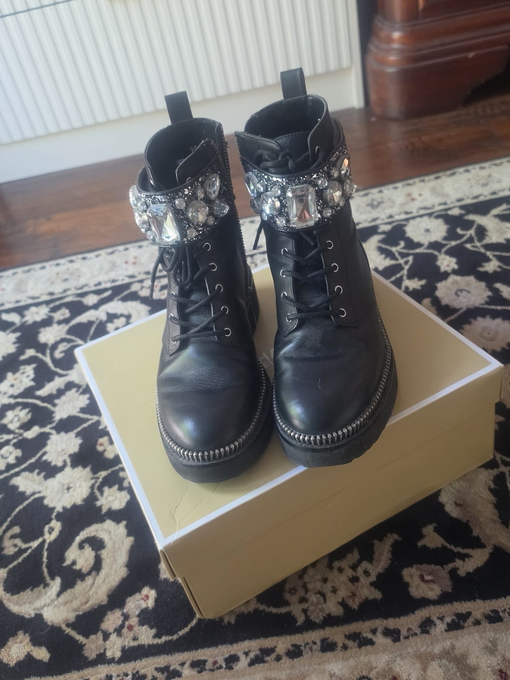 Michael Kors Black Crystal Cuff Lace-Up Combat Booties